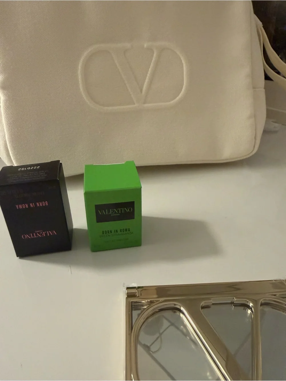 Valentino Cream Embossed Logo Crossbody Bag - Cream with V mirror and minis